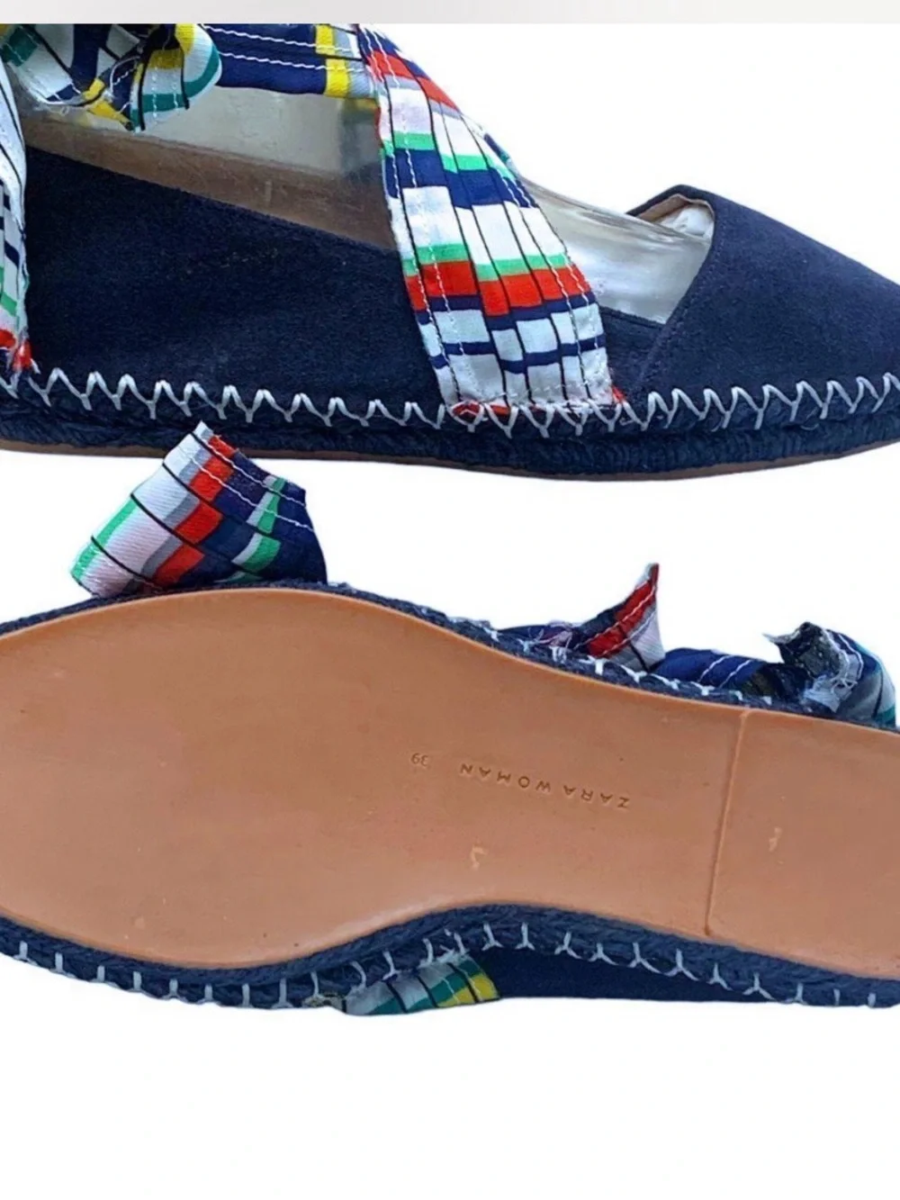 Zara Women's Navy Espadrille Wrap Flats with Multicolor Scarf Ties New Size 36